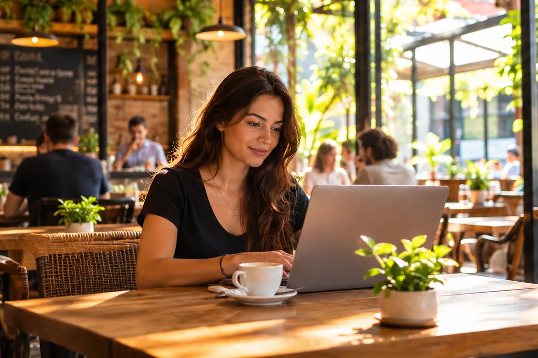 Cliente utilizando um notebook em uma cafeteria